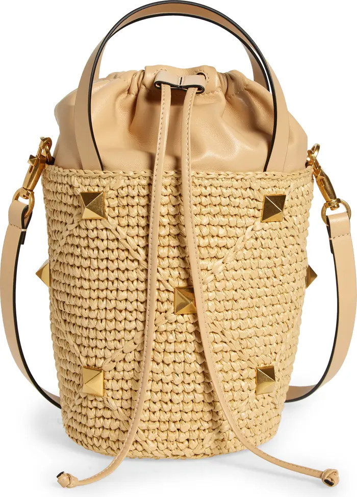 Valentino Garavani Roman Stud Woven Raffia & Leather Bucket Bag | Nordstrom | Nordstrom