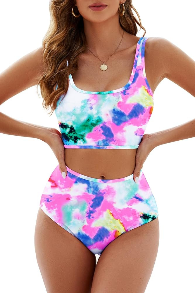 Adisputent Womens High Waisted Bikini Color Block Swimwear Bandeau Top Sports Style Scoop Crop Sw... | Amazon (US)