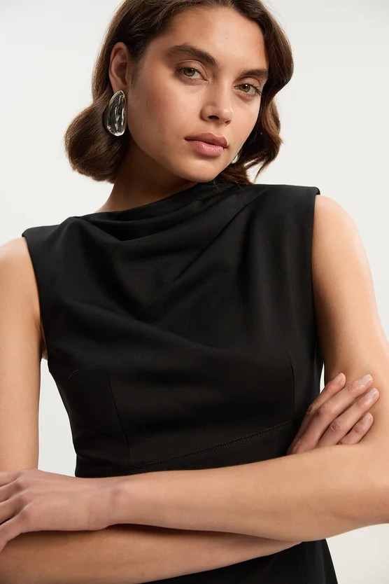 Petite Premium Ponte Sleeveless Asymmetric Front Tailored Midi Dress | Karen Millen US