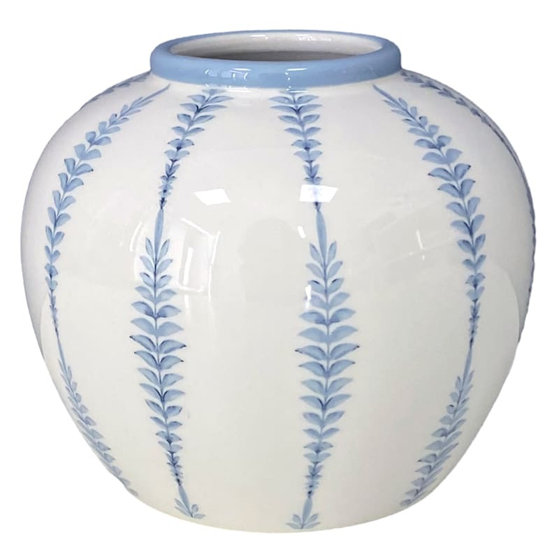 Providence White with Blue Fern Design Round Vase, 6" | At Home