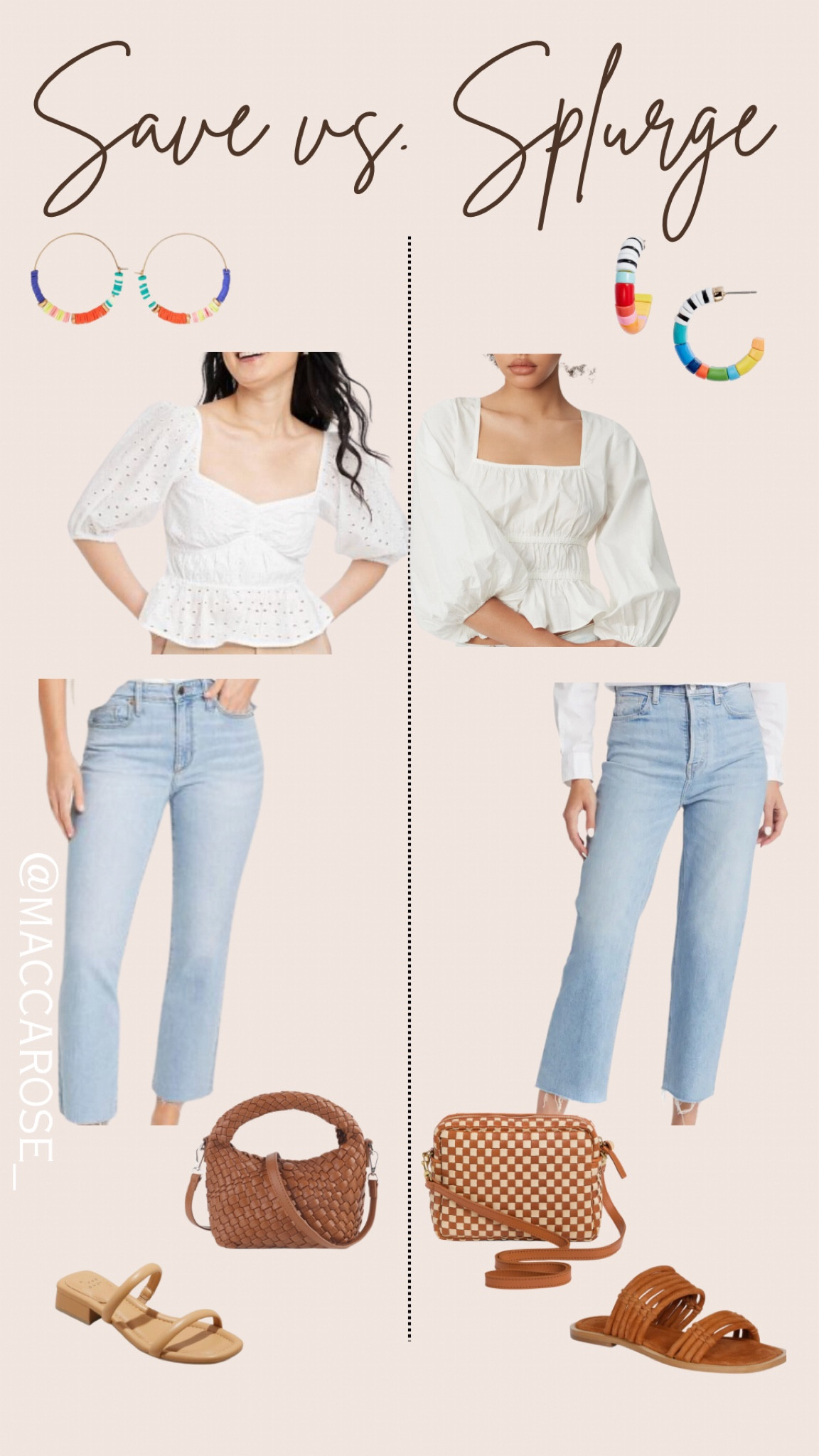 Save vs. splurge | summer style | jeans outfit | peplum top | classic look | beaded earrings | hoop earrings | brown sandals | cognac slides | crossbody bag | affordable fashion 

#LTKSeasonal #LTKFind #LTKstyletip