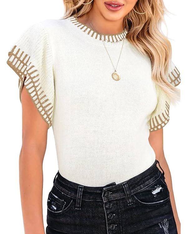 Saodimallsu Womens Short Sleeve Sweaters Tops Summer Ruffle Striped Loose Crew Neck Lightweight S... | Amazon (US)