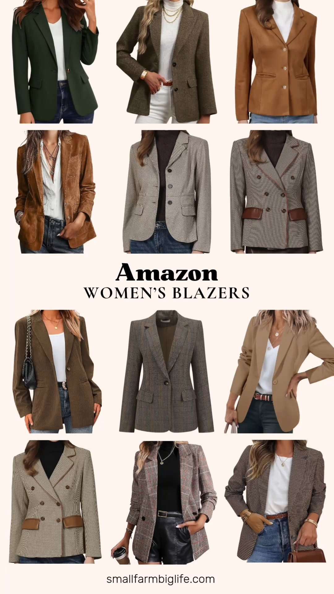 Blazers are such an easy way to elevate any fall outfit, and Amazon has so many great options right now.

The brown houndstooth plaid blazer and the grey and brown double breasted plaid blazer both bring a classic pattern to your work wardrobe. If you love herringbone, the brown herringbone blazer and the brown wool blend tweed herringbone blazer are both fitted and perfect for business casual outfits.

For a softer texture, the cognac faux suede blazer and the light brown retro faux suede leather blazer have a beautiful lapel collar detail that dresses up any outfit. The dark green casual work blazer has waist shaping seams and flap pockets, great for interviews or meetings.

The brown corduroy blazer is comfy and ribbed with button pockets, perfect for a cozy fall office look. For plaid lovers, the brown plaid oversized blazer, the dark khaki and brown plaid double breasted blazer, and the light brown houndstooth double breasted blazer all bring trendy pattern options for the season.

Rounding it out, the dark khaki notch lapel blazer is a versatile open front style perfect for building a fall capsule wardrobe.

#blazer #falloutfit #workwear #amazonfashionfinds #falltransition 

 #LTKootd #LTKOver40 #LTKWorkwear