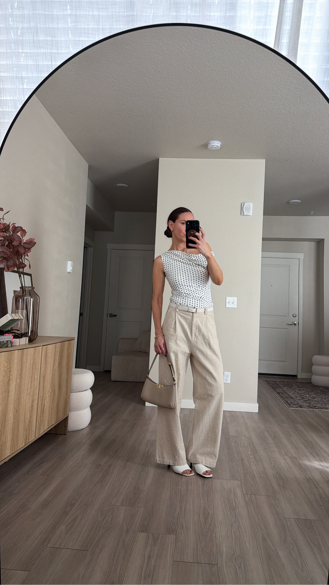 Wearing size small in all !
Polka dots are so cute and so versatile.  Love this affordable top for leisure and work.  Love the pants they’re comfy and chic.  Heels 10/10 for comfort 