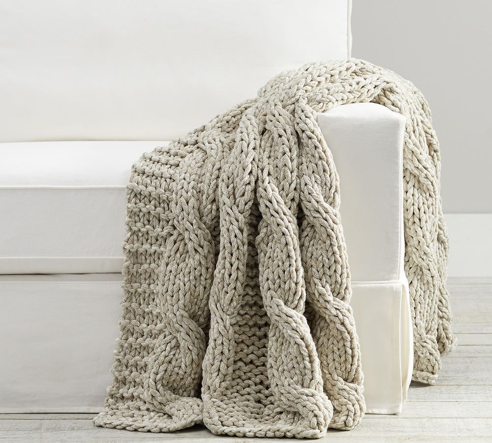 Colossal Handknit Throw, 44 x 56&amp;quot;, Heathered Oatmeal | Pottery Barn (US)