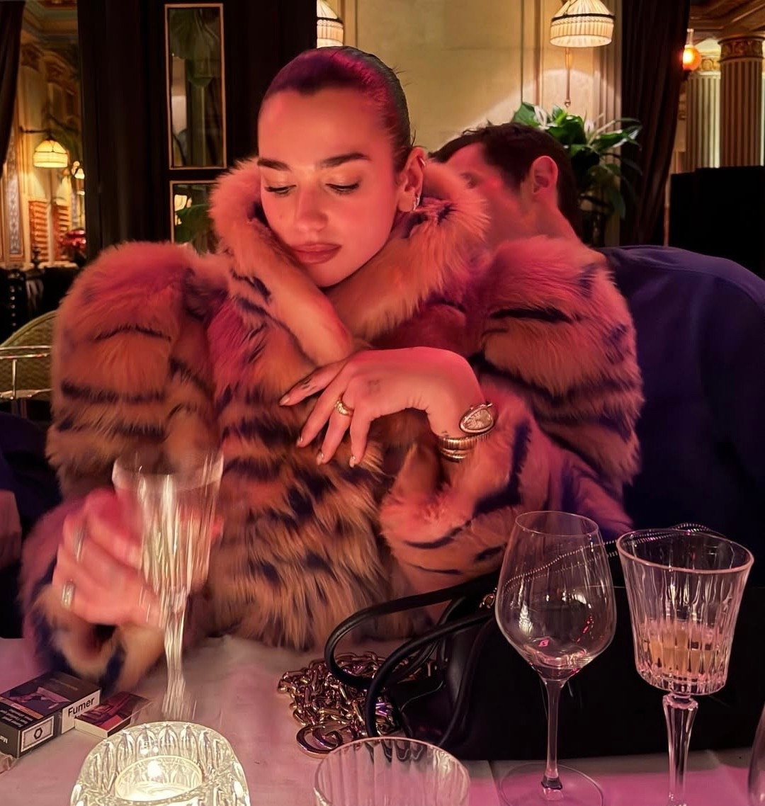 Dua Lipa's  Gucci Smooth long shearling coatSpring Summer 2026. This style is featured as part of the "La Bomba" look of La Famiglia, which interprets the House's codes through singular personalities and distinctive aesthetic attitudes. Crafted from intarsia smooth long shearling, this coat is enriched with a detachable chain belt with a Double G deatail.