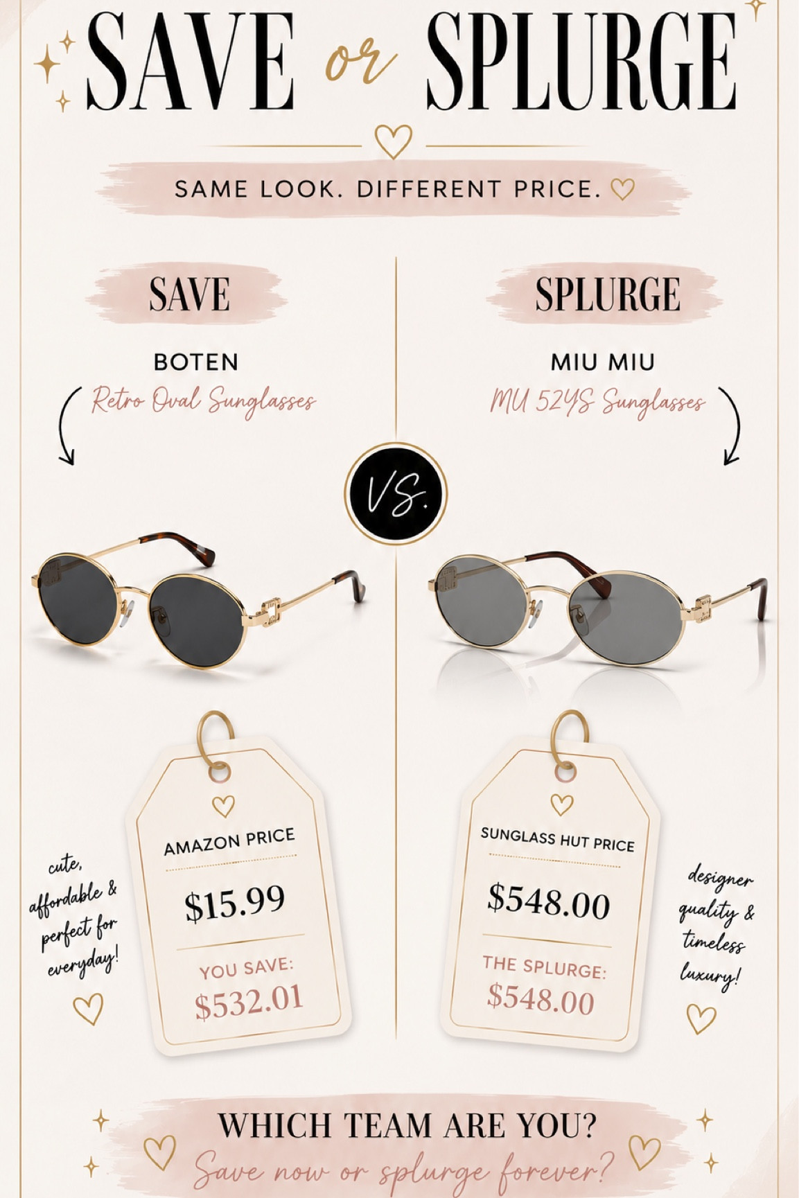 Save or splurge on these sunnies? 🕶️✨

Because why do these give the exact same rich-girl-on-a-yacht energy… but one costs less than my lunch order and the other costs actual rent? 😭

The Amazon pair is such a good designer-inspired find for everyday wear, vacations, pool days, and throwing on with a slick back bun when you wanna look expensive without the financial jump scare. Meanwhile the Miu Miu pair is serving timeless luxury and quiet wealth energy. 🤍

Honestly… if nobody told me the price tags, I’d be staring way too hard trying to figure it out. 👀

So what’s your vote:
SAVE or SPLURGE? ⬇️

#saveorsplurge #designerdupe #mimiumiu #sunglassesstyle #amazonfashionfinds #luxuryfashion #affordablefashion #fashionfinds #designerinspired #sunglasses #fashionreels #styleinspo #everydaystyle #ootd #viralfinds #amazonmusthaves #summerstyle #fashionblogger #luxurystyle #trendingfashio

#LTKootd #LTKSaleAlert #LTKgrwm