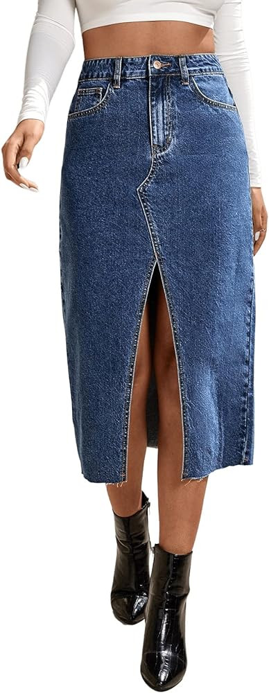 SweatyRocks Women's Casual Denim Skirt High Waist Split Front Long Jean Skirts | Amazon (US)
