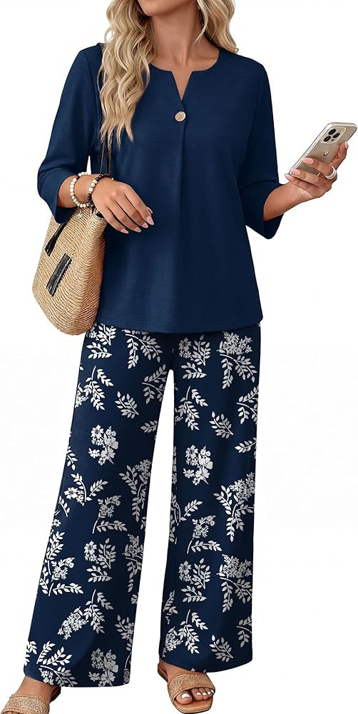 WIHOLL Two Piece Sets for Women 3/4 Length Sleeve Lounge Sets Summer Spring Vacation Travel Outfits Fashion Clothing | Amazon (US)