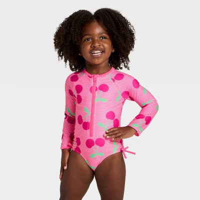 Toddler Girls' Long Sleeve One Piece Striped Cherry Rash Guard Swimsuit - Cat & Jack™ Bright Pink 5T | Target