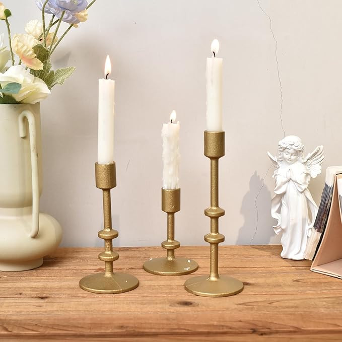 SwallowLiving Candle Holder Table Decor, Antique Brass Gold Taper Candle Holder Set of 3, Iron Ca... | Amazon (US)