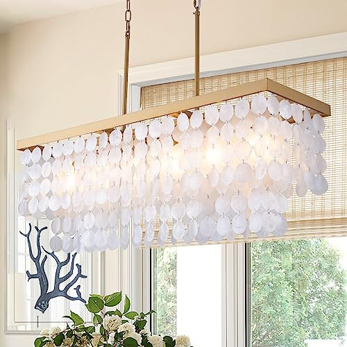 TOCHIC Rectangular Capiz Shell Chandelier, Coastal Beach Lighting 6 Lights, Modern Gold Chandelier Shell Pendant Light for Kitchen Island, Dining Rooms, 2 Tier, 39.3in L | Amazon (US)
