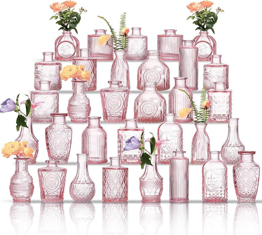 Glass Bud Vases Set of 32 - Pink Assorted Small Mini Glass Vases for Flowers, Crystal Vintage Vas... | Amazon (US)