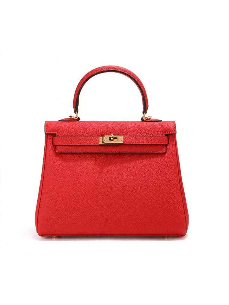 Women's Top Handle Shoulder Bag With Detachable Shoulder Strap, Top Layer Cowhide Pebbled Leather... | SHEIN