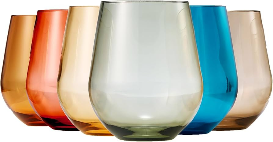 European Style Stemless Wine Glasses, Acrylic Glass Tritan Drinkware, Unbreakable Colored, 6 - Se... | Amazon (US)