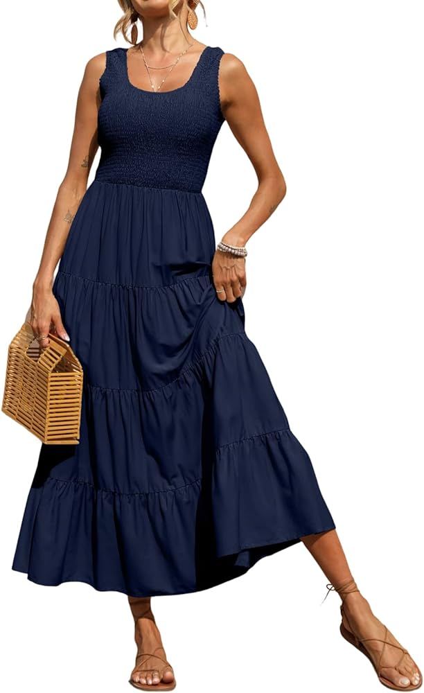PRETTYGARDEN Women's 2023 Casual Loose Plain Maxi Sundress Smocked Tank Dress Sleeveless Summer Beac | Amazon (US)