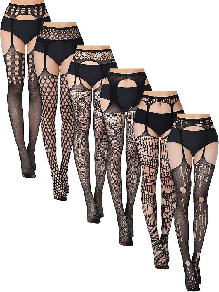 6 Pairs Women Suspender Pantyhose Stockings Valentine's Day Fishnet Tights Stretchy High Stockings f | Amazon (US)
