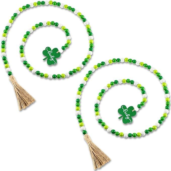2 Pieces St Patrick's Day Wooden Beads Garland with Tassels Farmhouse Boho Rustic Bead Garland Gr... | Amazon (US)