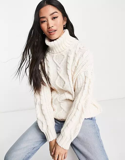 Monki recycled polyester high neck cable knit jumper in off white | ASOS (Global)