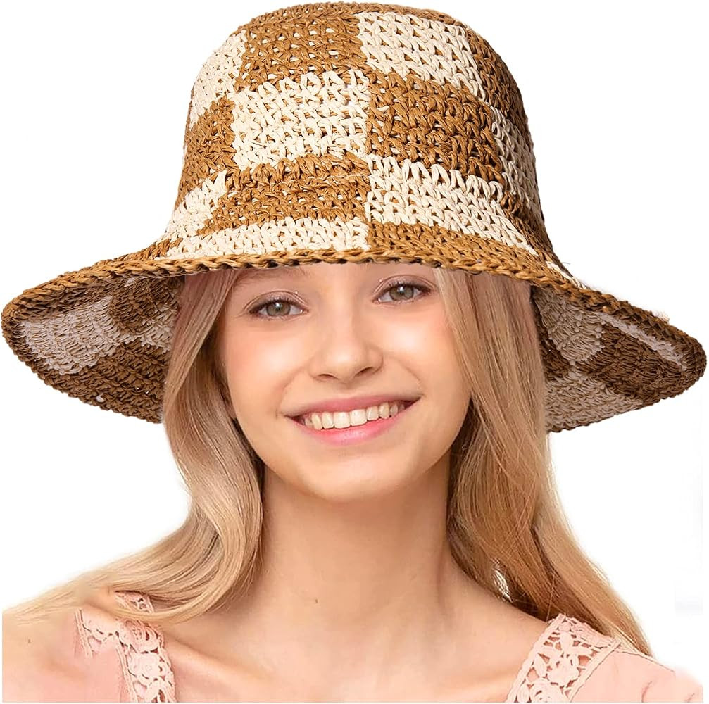 Sun Hats Checkerboard Straw Bucket Hat for Women Packable Crochet Wide Brim Floppy Beach Hats Tra... | Amazon (US)