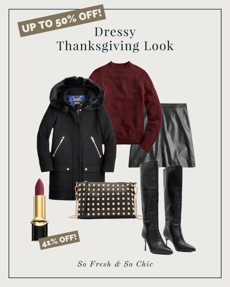 Dressy Thanksgiving outfit!
- ootd - thanksgiving look - faux leather mini skirt - outfit sale - J Crew - All Saints - knee high leather boots - gold studded black leather bag - Pat McGrath matte trance lipstick - makeup sale - women’s clothing sale - holiday party outfit - #LTKstyletip #LTKseasonal - #LTKgiftguide - #LTKCyberWeek

#LTKsalealert #LTKHoliday #LTKitbag