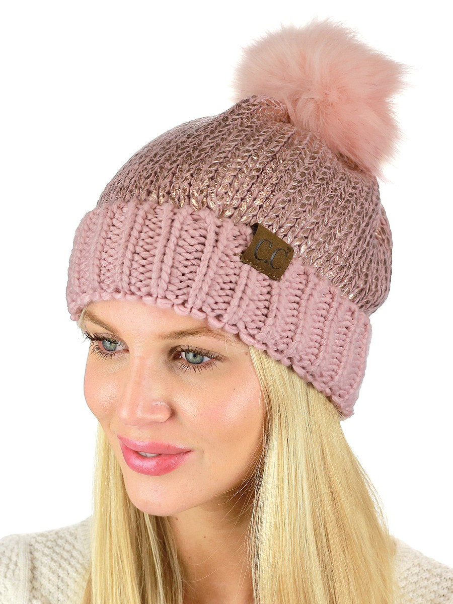 ¡Nuevo! Gorro C.C Para Mujer Piel Sintética Pom Brillante Acabado Metálico Tejido CC | eBay US