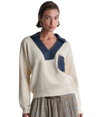 Bcbg Women's Long-Sleeve Collared V-Neck Denim Trim Sweater - Buttercream/denim | Macy's