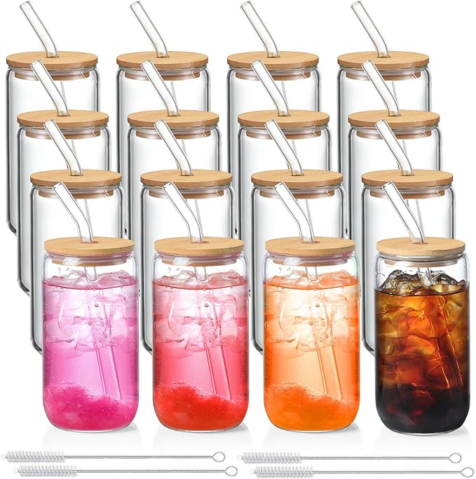 16 Pack Glass Cups with Lids and Straws 16 oz, Personalized Customizable Glasses for Gift, Busine... | Amazon (US)