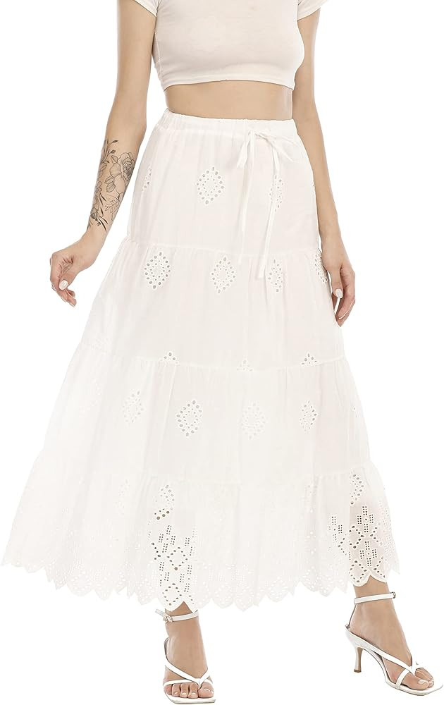 Love Welove Fashion Women\u2019s Summer Boho Cotton Embroidered Tiered Maxi Skirt Elastic High Wa... | Amazon (US)