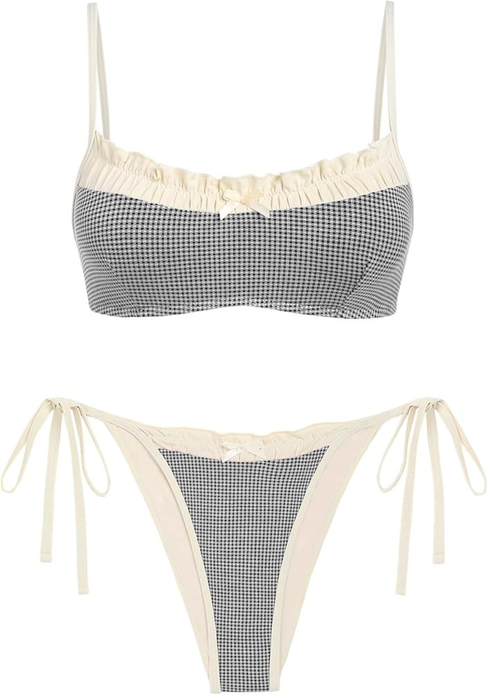 ZAFUL Bikini Sets for Women Plaid Ruffles Trim Swimsuit Sexy Tie Back Bowknot Triangle High Cut T... | Amazon (US)