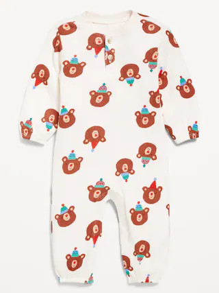 Printed Long-Sleeve Henley Waffle-Knit One-Piece for Baby | Old Navy (CA)