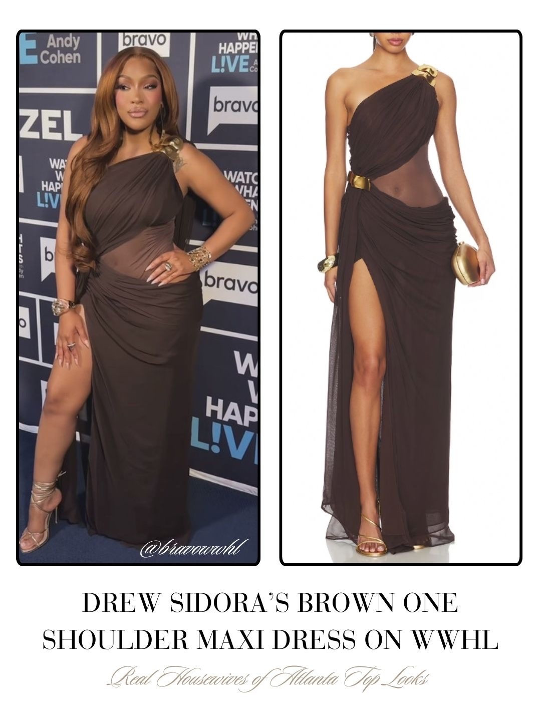 Drew Sidora’s Brown One Shoulder Maxi Dress on WWHL 📸 = @bravowwhl
