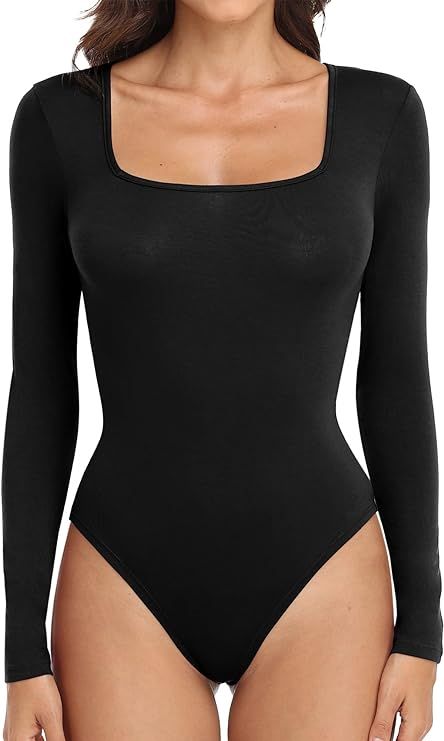 JUEYUN Women's Square Neck Short Sleeve Long Sleeve Bodysuit Slim Fit Sexy Body Suit Basic Jumpsu... | Amazon (US)