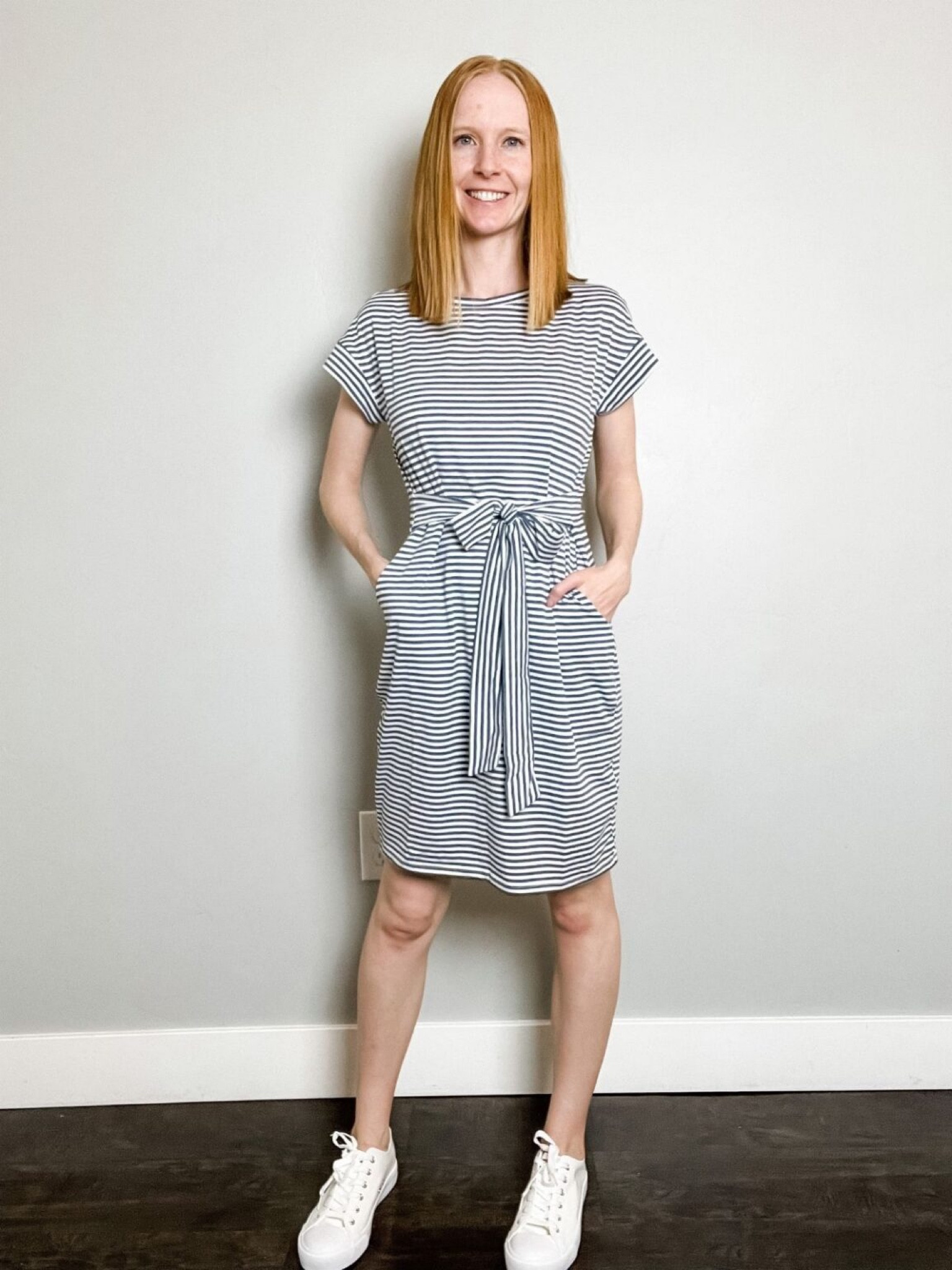 Size small, dusty blue dress. Striped dress outfit, spring outfit, women’s fashion, summer outfit, dress with sneakers, outfit inspiration, outfit inspo, outfit ideas  

#LTKSeasonal #LTKfit #LTKsalealert