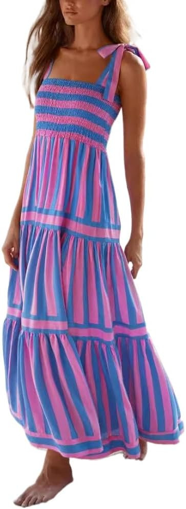 Womens Casual Dress Striped Spaghetti Strap Sleeveless Smocked Flowy Maxi Boho Long Beach Sundres... | Amazon (US)