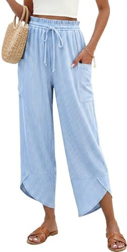 TARSE Womens Linen Palazzo Pants Wide Leg Striped Casual Capri Pant Drawstring Summer Harem Pants... | Amazon (US)