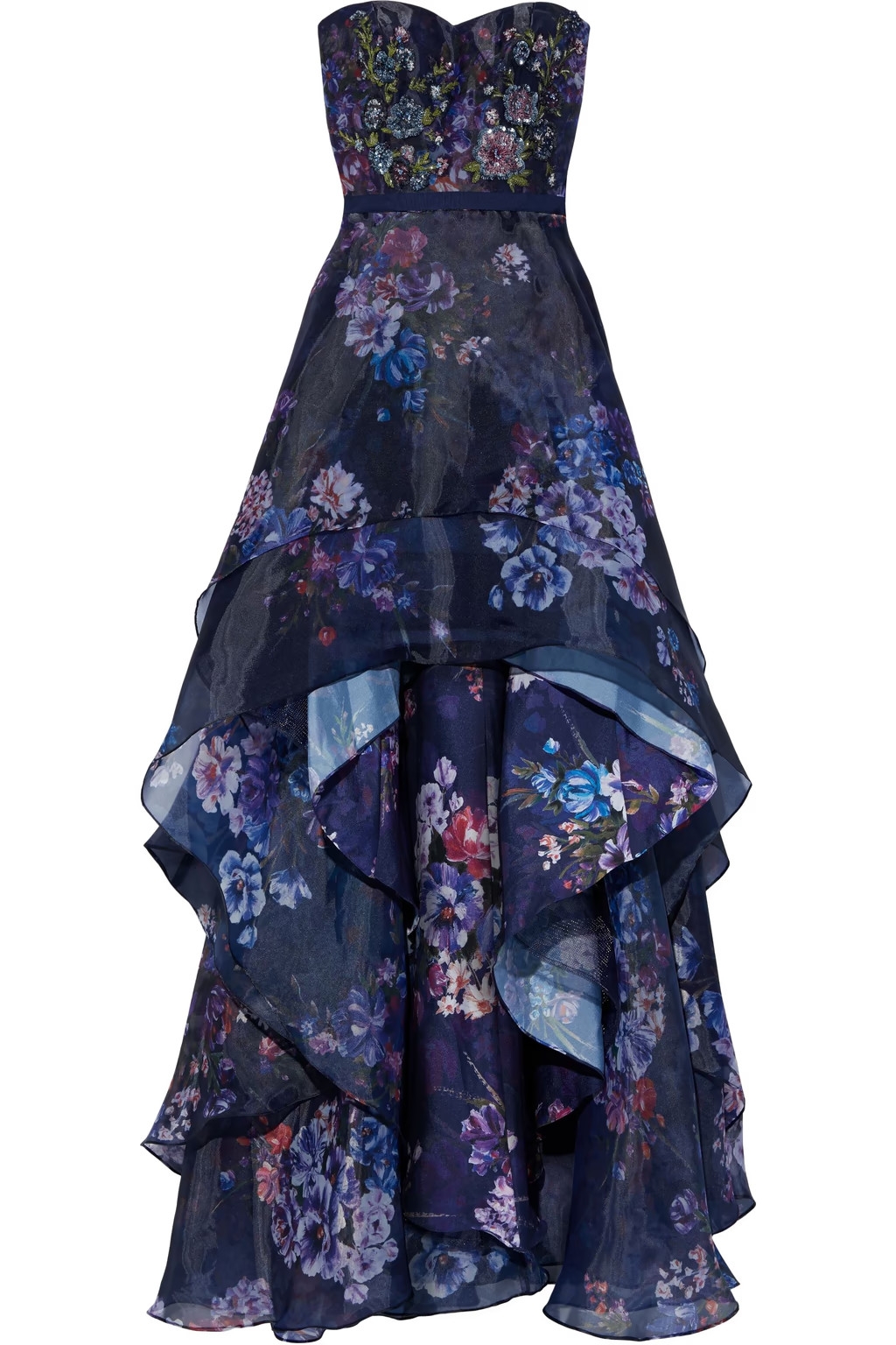 Strapless embellished ruffled floral-print organza gown | The Outnet (US and CA)