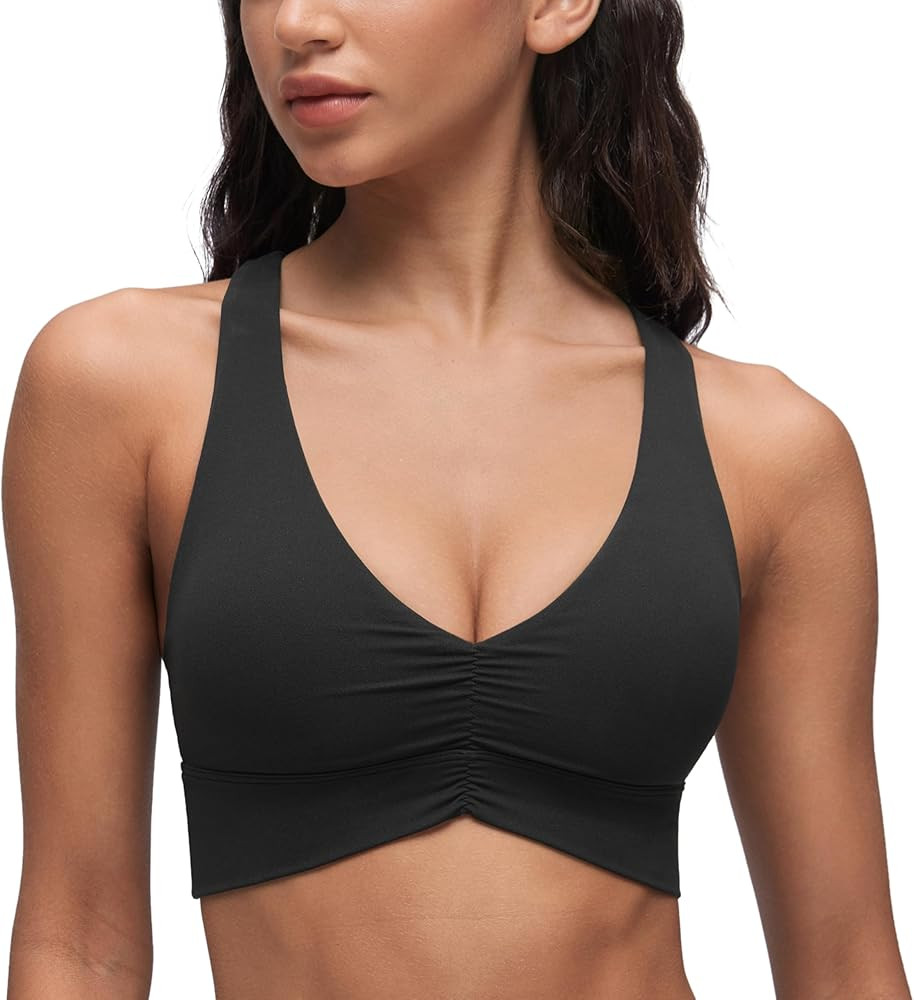 CRZ YOGA Butterluxe Ruched Longline Sports Bras for Women - V Neck Padded Yoga Tank Wide Straps C... | Amazon (US)