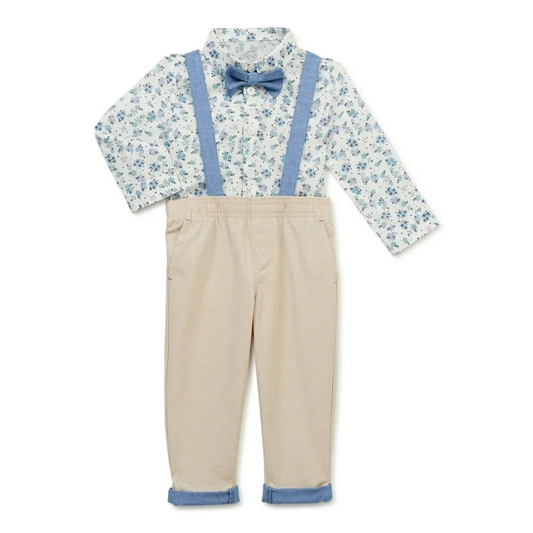 Wonder Nation Baby and Toddler Boy Button-Down Shirt, Bowtie, Suspenders and Pants Outfit Set, 4-... | Walmart (US)