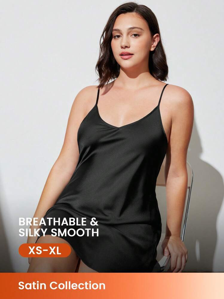 Abito Nero Estivo Sexy E Basic Con Sottili Spalline In Raso, Abito Da Damigella D'onore Leggero, Pigiama Da Donna Come Indumento Esterno, Vestito Sottoveste E Baby Doll, Abiti Estivi Da Donna | SHEIN