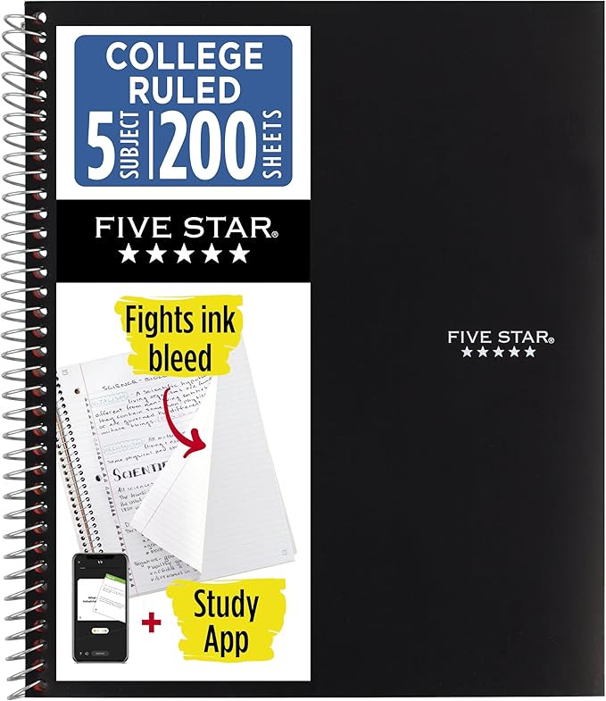 Five Star Spiral Notebook + Study App, 5 Subject, College Ruled Paper, 8-1/2" x 11", 200 Sheets, ... | Amazon (US)