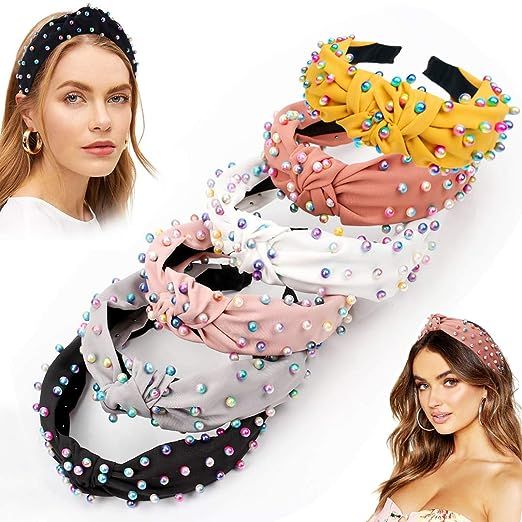 6 Pack Colorful Pearl Headband for Womens Beads Vintage Twisted Faux Knotted Wide Hair Hoop Fashi... | Amazon (US)