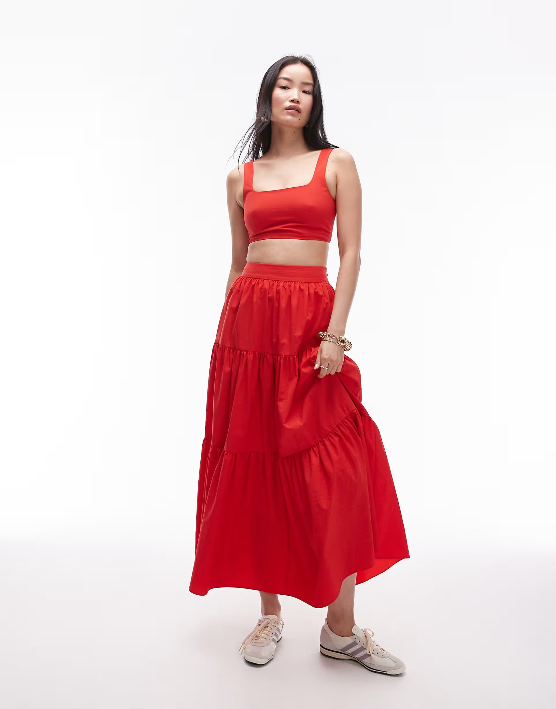 Topshop taffeta tiered maxi skirt in red - part of a set | ASOS (Global)