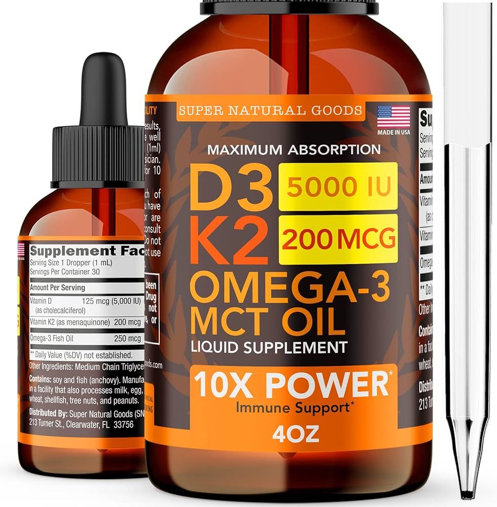 Vitamin D3 K2 Liquid Drops 5000 IU (4oz) Maximum Strength Vitamin D, K, MCT Oil & Omega 3 Bone, H... | Amazon (US)