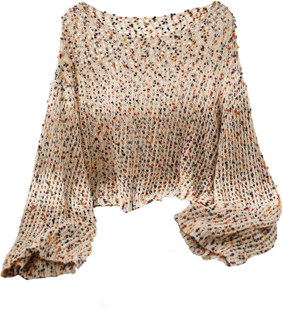 MakeMeChic Women's Plus Size Crochet Sweater Bell Sleeve Boat Neck Y2K Vintage Boho Tops | Amazon (US)