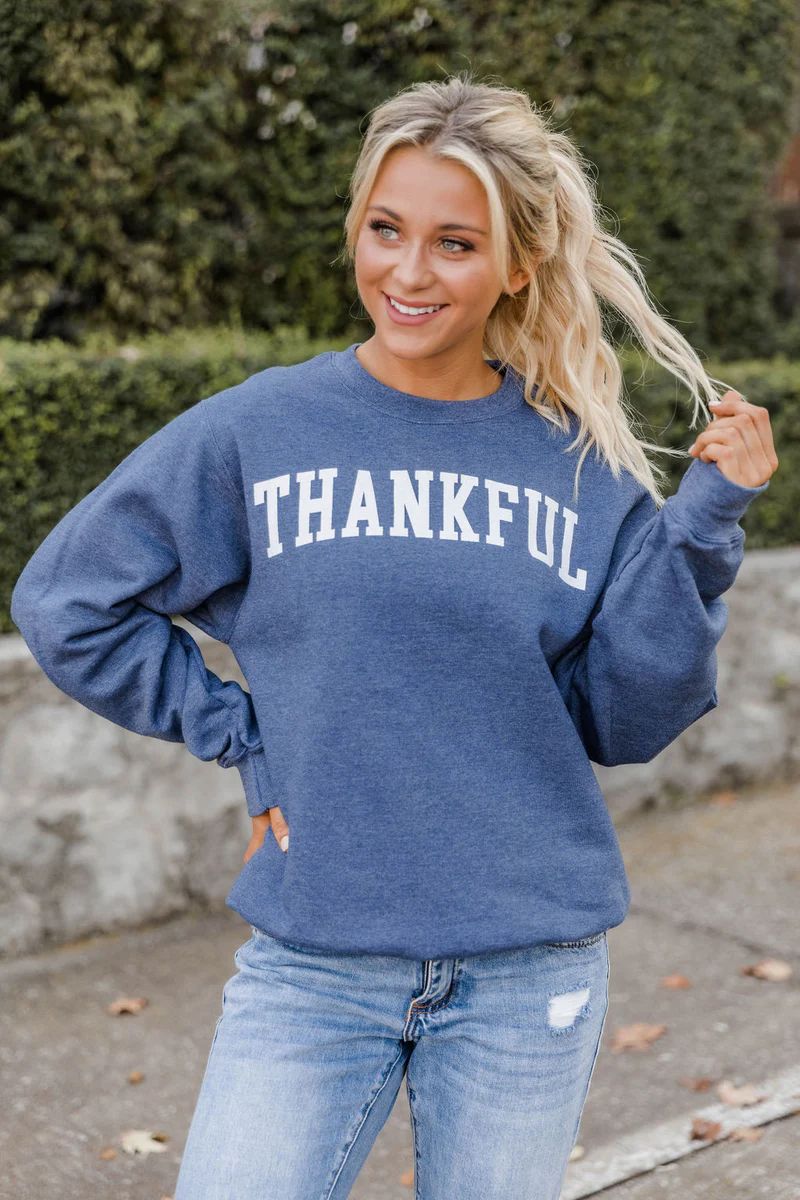 Thankful Varsity Heather Navy Graphic Sweatshirt | The Pink Lily Boutique