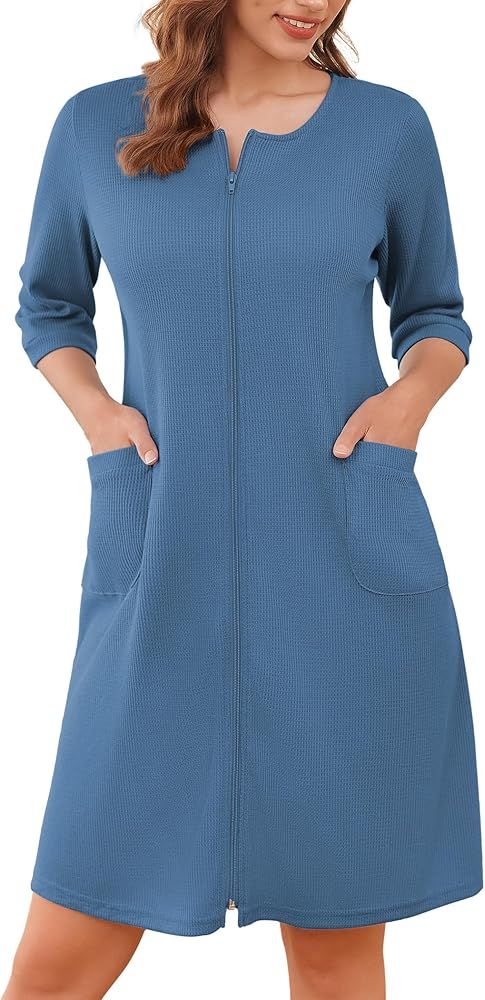 Ekouaer Zip Up Robes for Women Short Waffle Bathrobe Lightweight Knee Length Housecoat with Pocke... | Amazon (US)