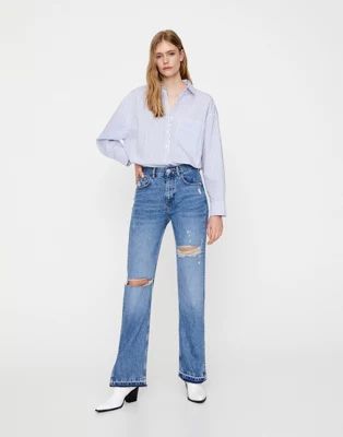 Pull&Bear split hem jean in with rips in blue | ASOS (Global)