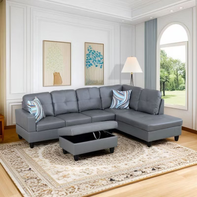 Dark Gray Semi-PU Leather Sectional Sofa - Modern L-Shaped Design, Tufted Cushions, Decorative Pillows, Storage Ottoman | Target