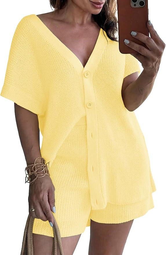 Saodimallsu Womens 2 Piece Outfits Sweater Sets Summer Oversized Cap Sleeve Button Up Cardigans T... | Amazon (US)